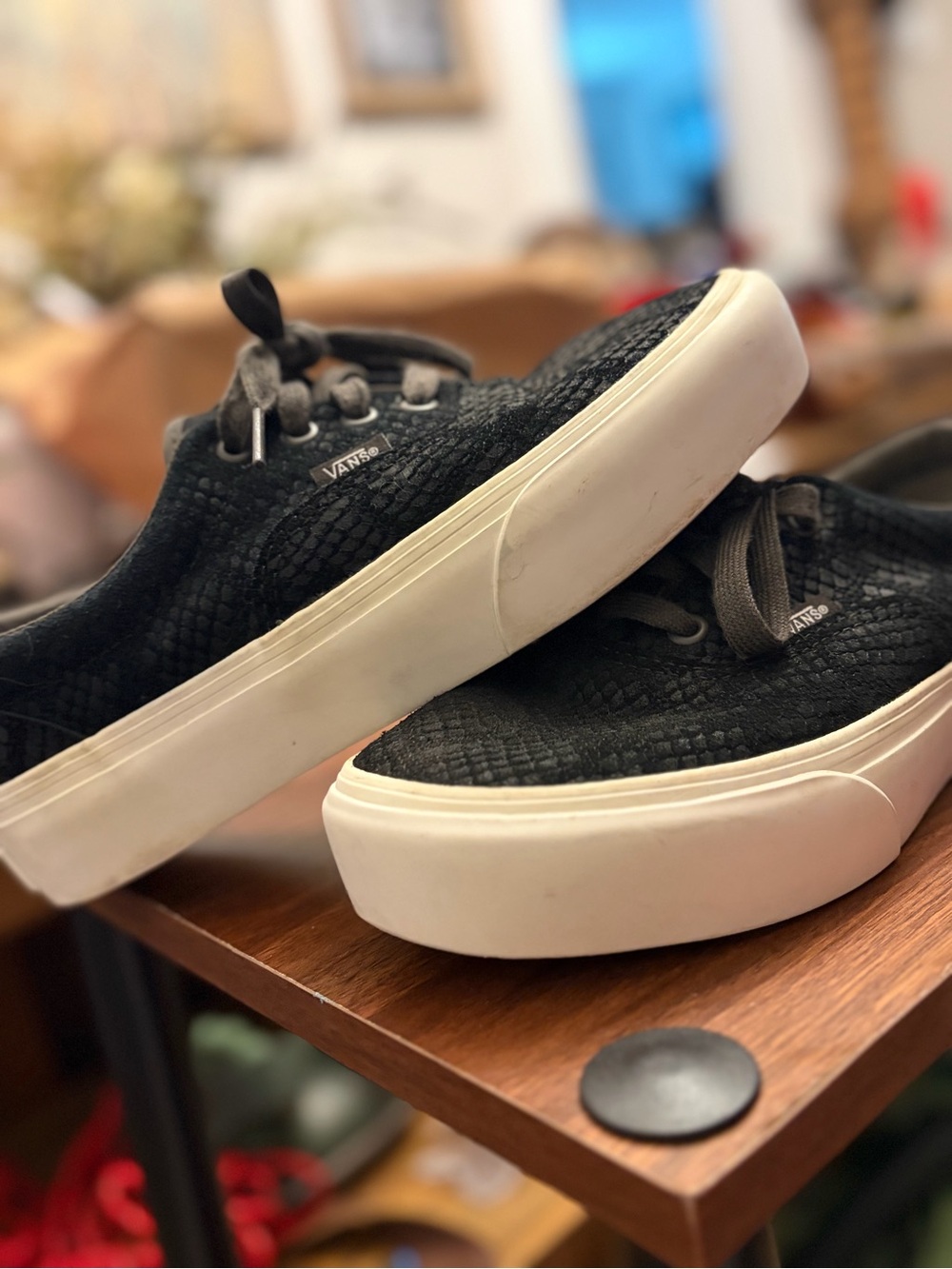 Vans Women’s Black Textured Platform Sneakers with White Soles